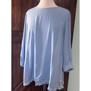 Umgee Misty Blue Linen Blend Cut Out Balloon Sleeve Frayed Hem XL Blouse Top